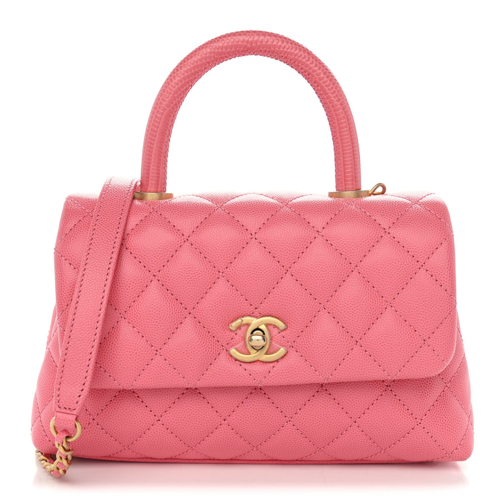 Caviar Lizard Embossed Quilted Mini Coco Handle Flap Pink