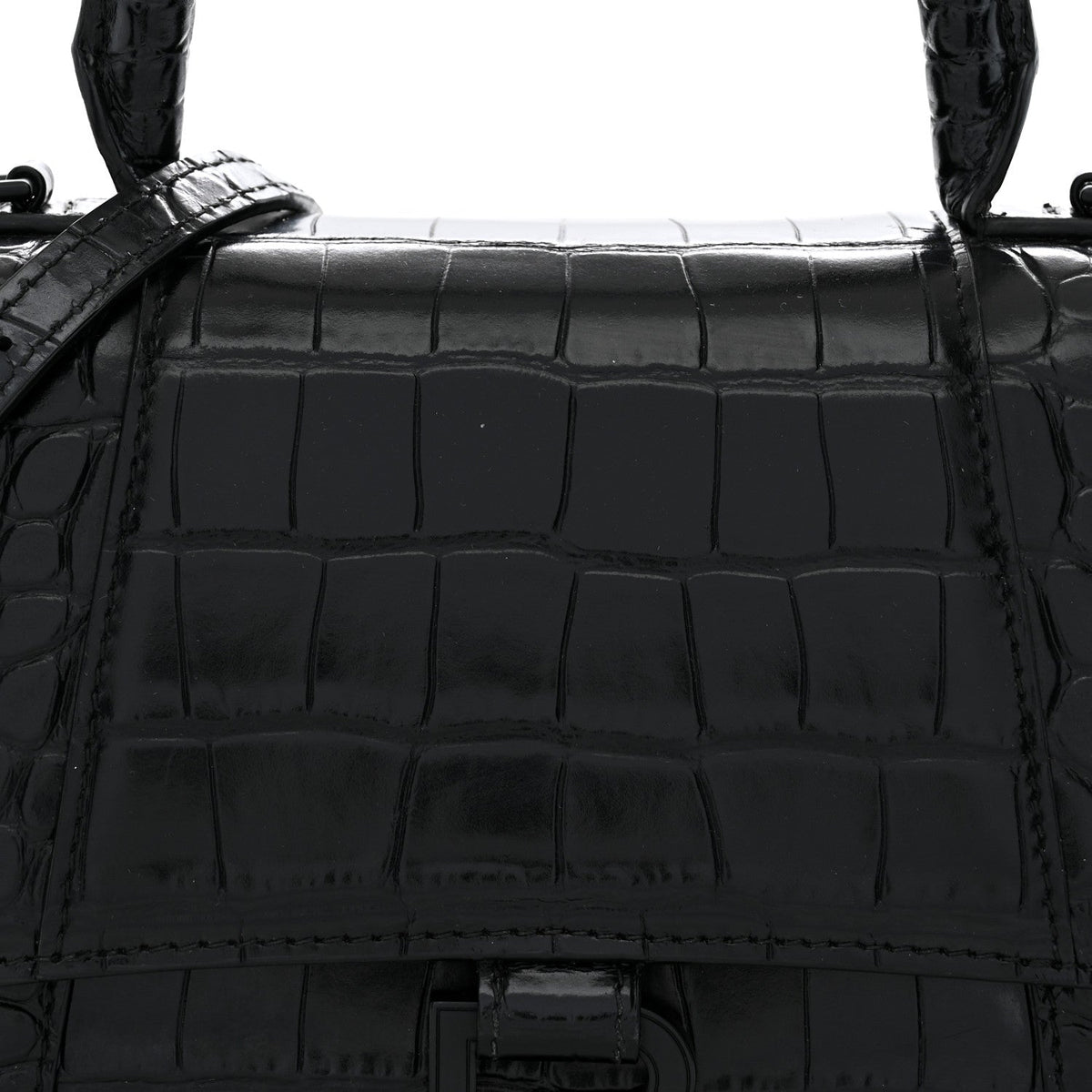 Shiny Calfskin Monochrome Crocodile Embossed Small Hourglass Top Handle Bag Black