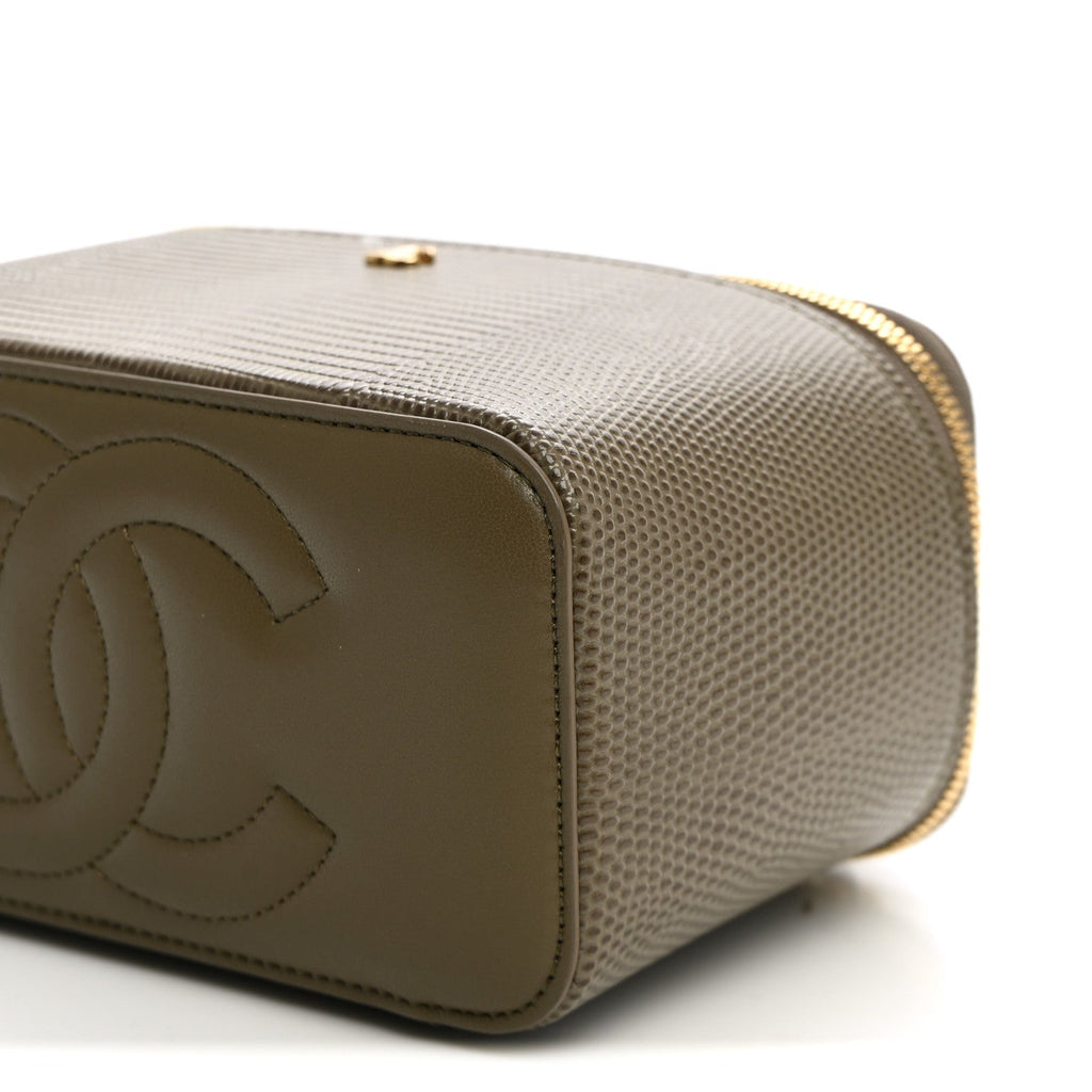 Calfskin Lizard Embossed Top Handle Vanity With Chain  Dark Khaki