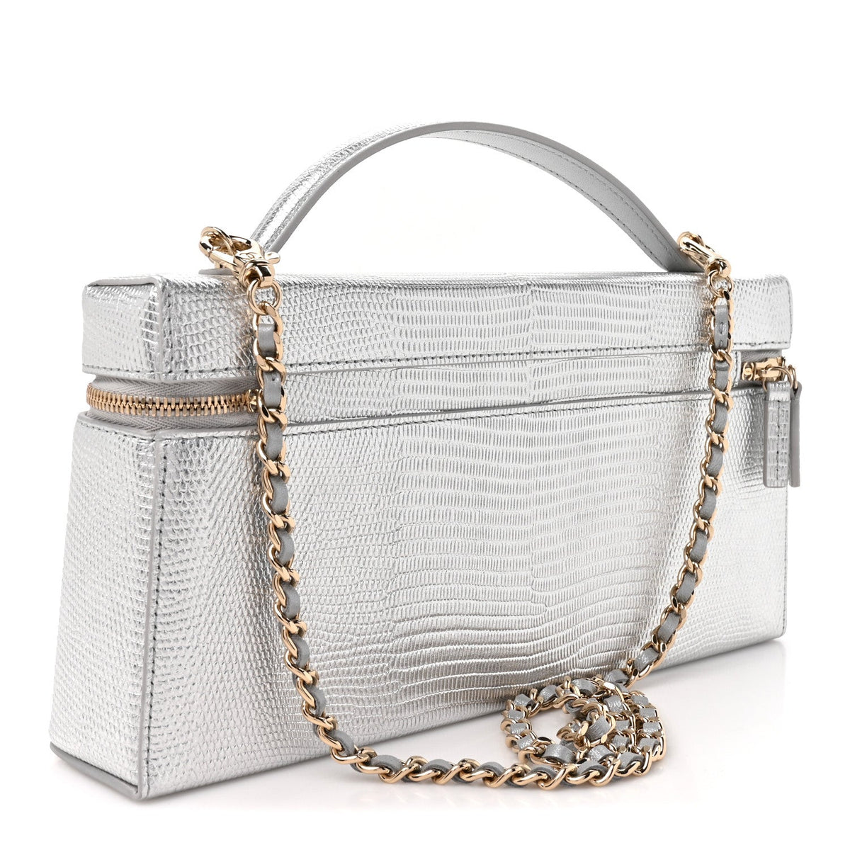 Lizard Embossed Calfskin Exoticoco Long Vanity With Chain Silvery