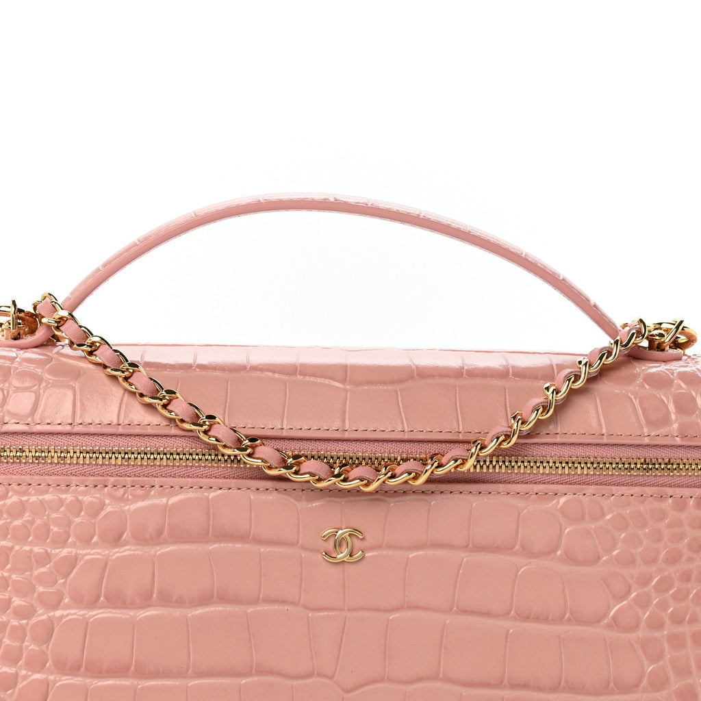 Calfskin Crocodile Embossed Crococo Exoticoco Long Vanity Case With Chain Pink