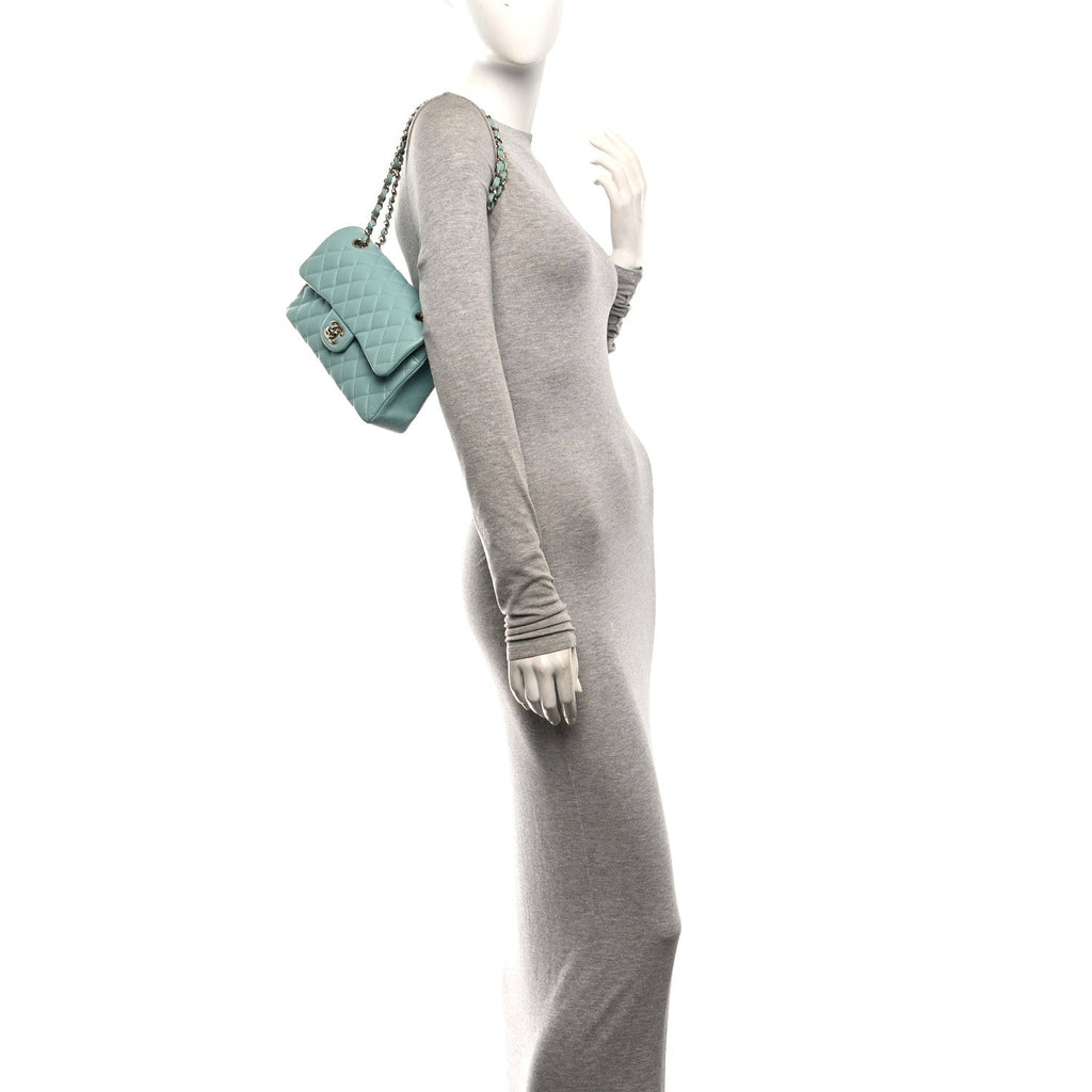 Caviar Quilted Small Double Flap Light Blue