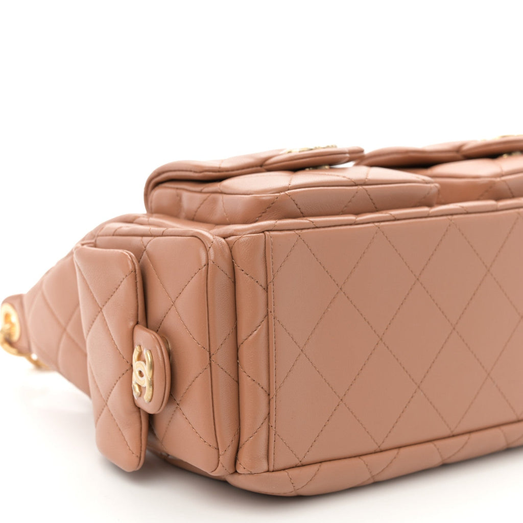 Shiny Lambskin Quilted Trendy Pockets Hobo Brown