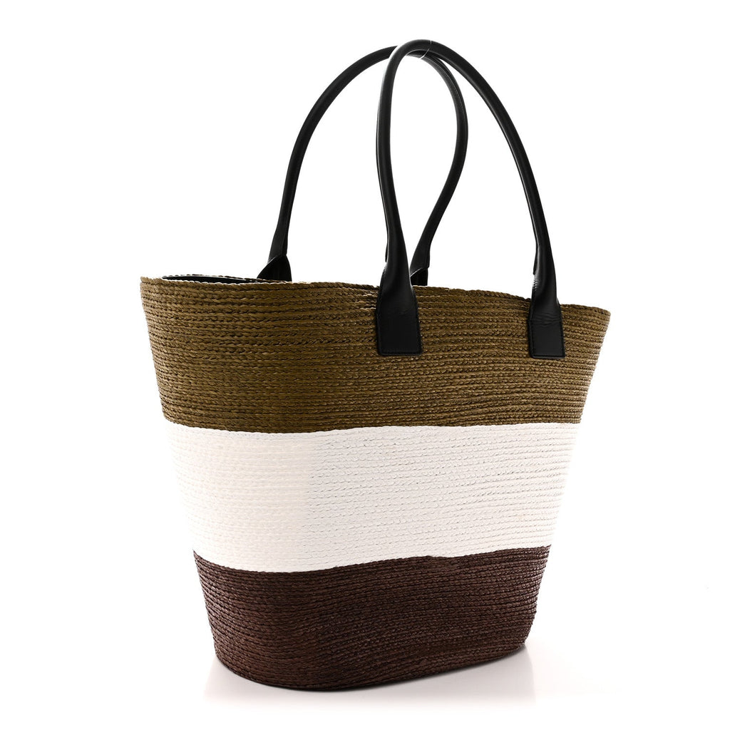 Raffia Calfskin Maxi Shopping Bag Khaki White Brown