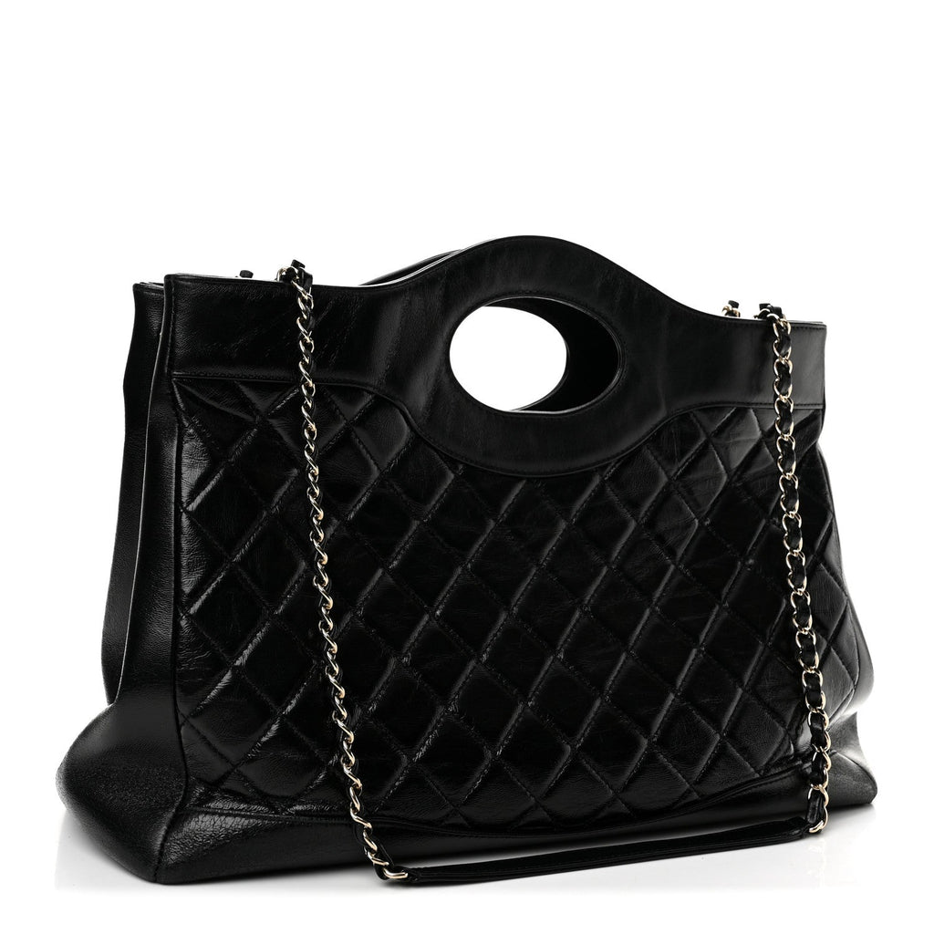 Shiny Lambskin Quilted Large 31 Shopping Bag Black