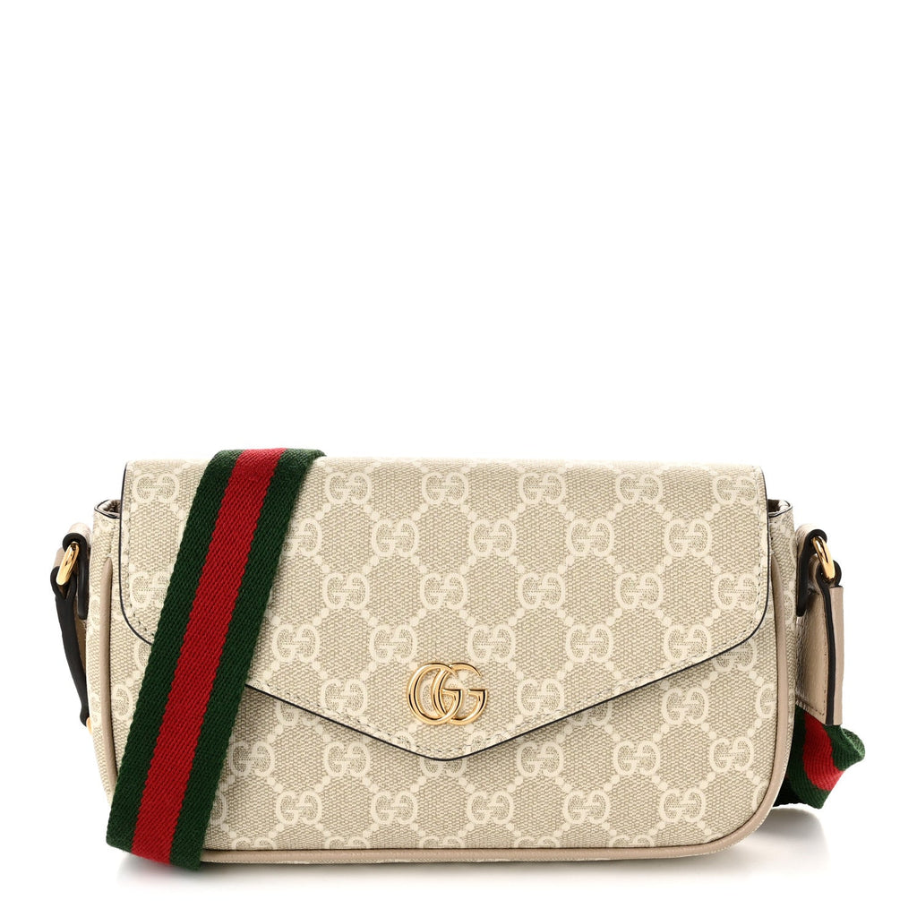 GG Supreme Monogram Textured Dollar Calfskin Web Mini Ophidia Envelope Shoulder Bag Beige Mystic White Oatmeal