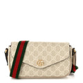 GG Supreme Monogram Textured Dollar Calfskin Web Mini Ophidia Envelope Shoulder Bag Beige Mystic White Oatmeal