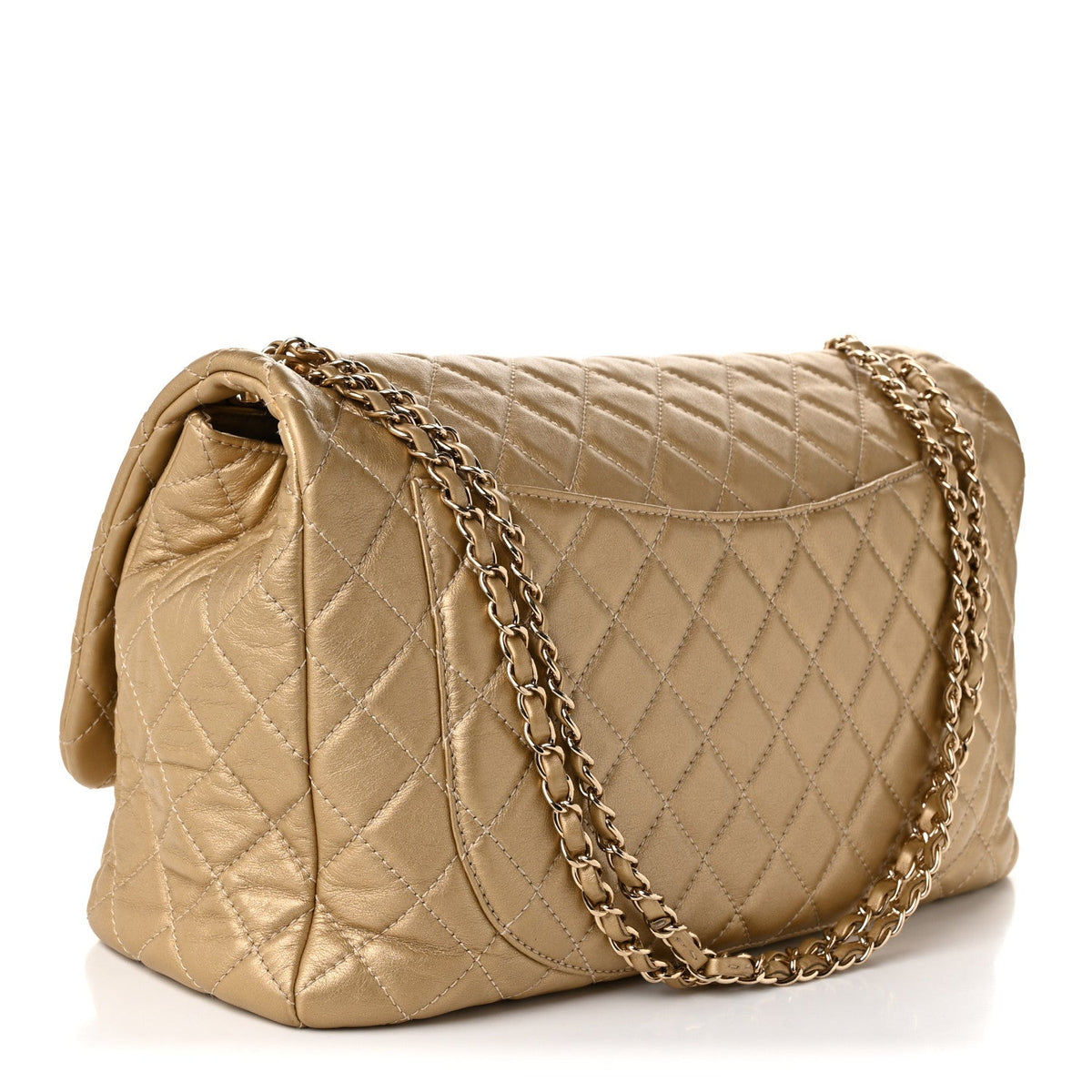 Metallic Calfskin Quilted Small XXL Travel Flap Bag Gold