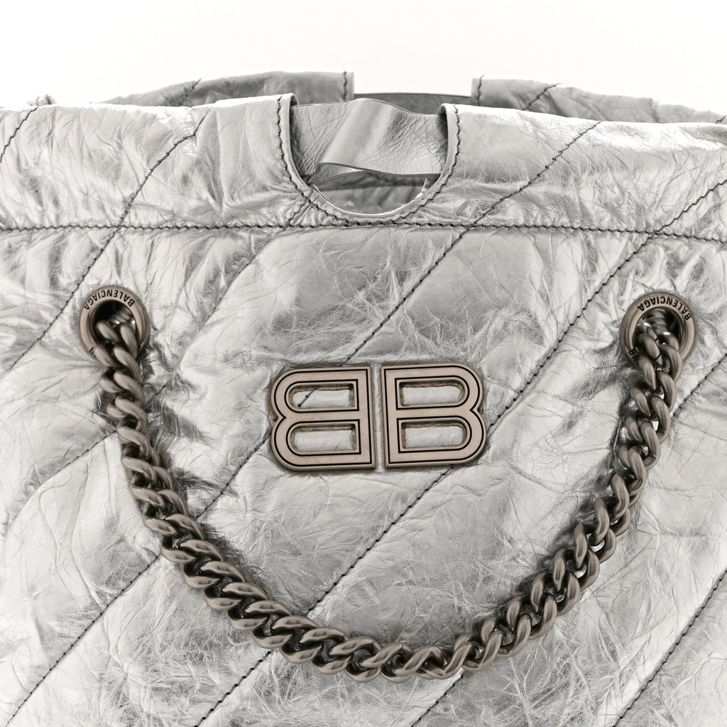 Crushed Calfskin Quilted Crush Small Tote Bag Silver