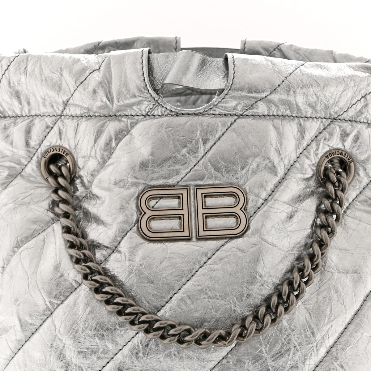 Crushed Calfskin Quilted Crush Small Tote Bag Silver
