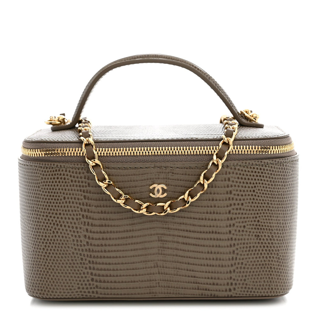 Calfskin Lizard Embossed Top Handle Vanity With Chain Dark Khaki