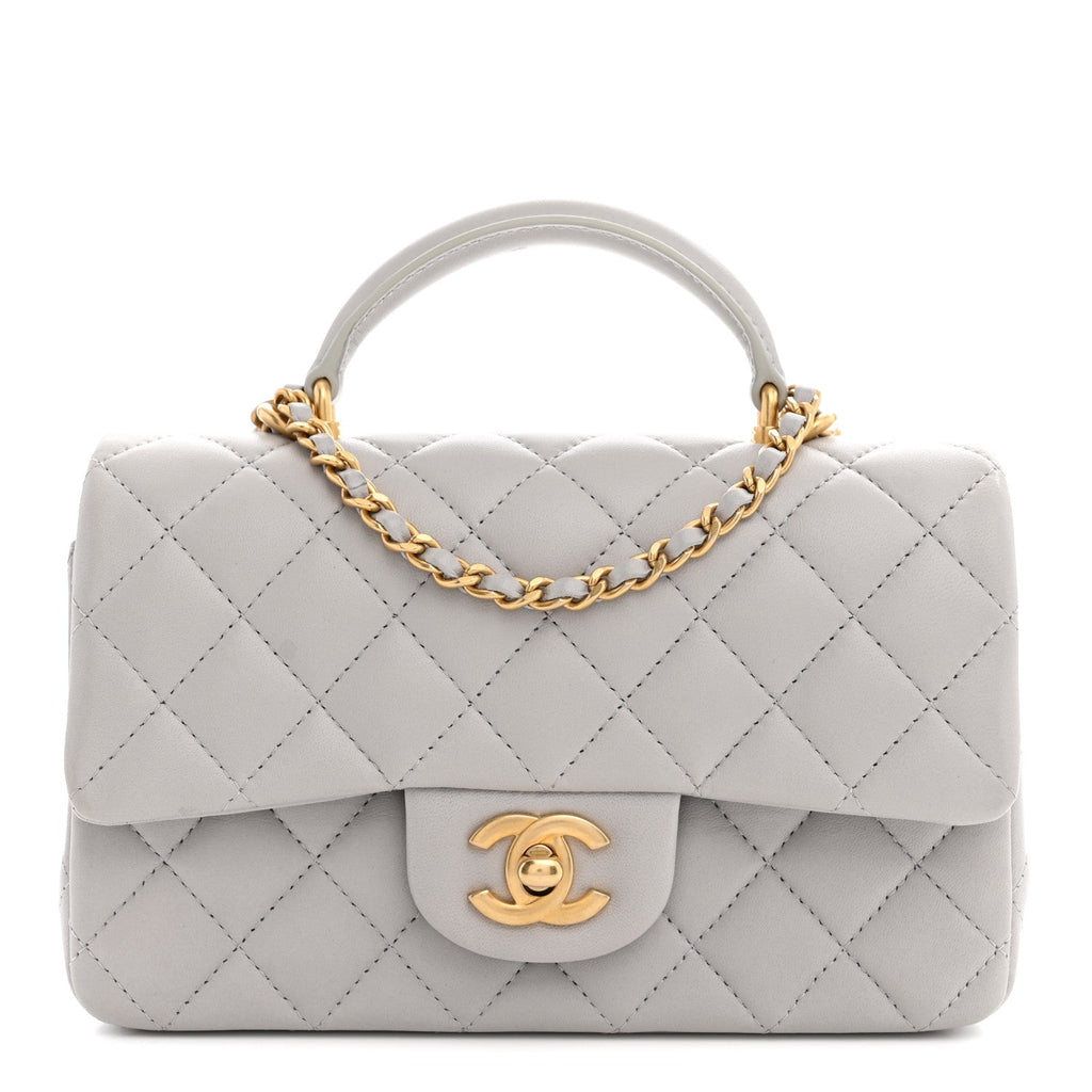 Lambskin Quilted Mini Top Handle Rectangular Flap Grey
