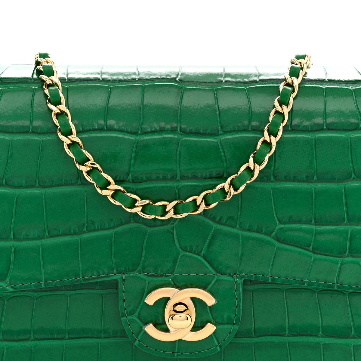 Calfskin Crocodile Embossed Turn Around Mini Flap Emerald