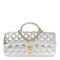 Metallic Caviar Quilted Top Handle East West Flap Silver