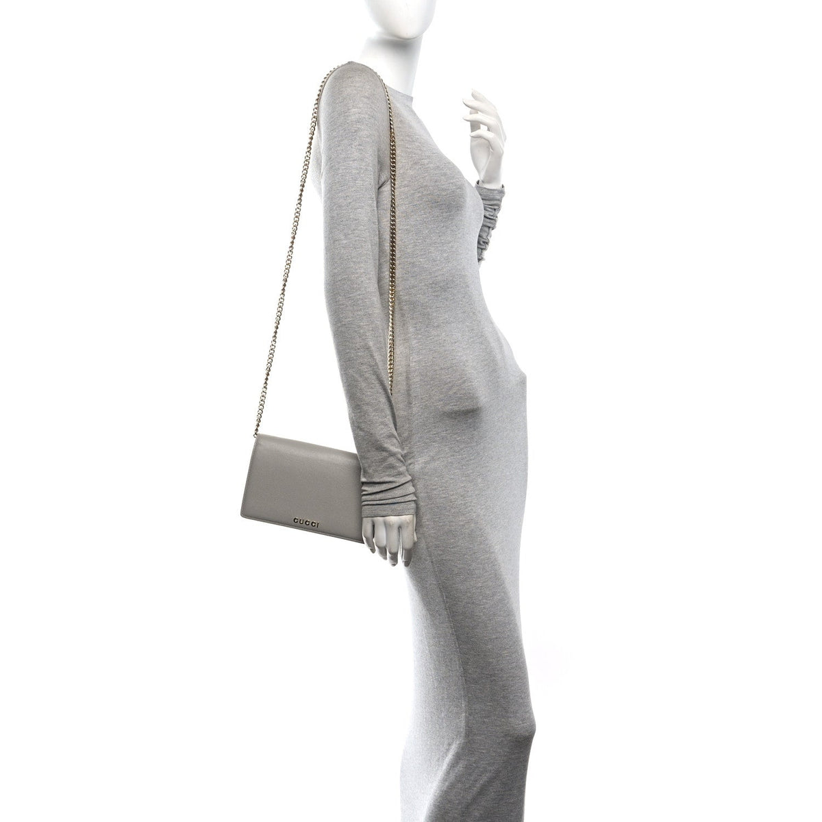 Textured Calfskin Script Logo Wallet On Chain Grey