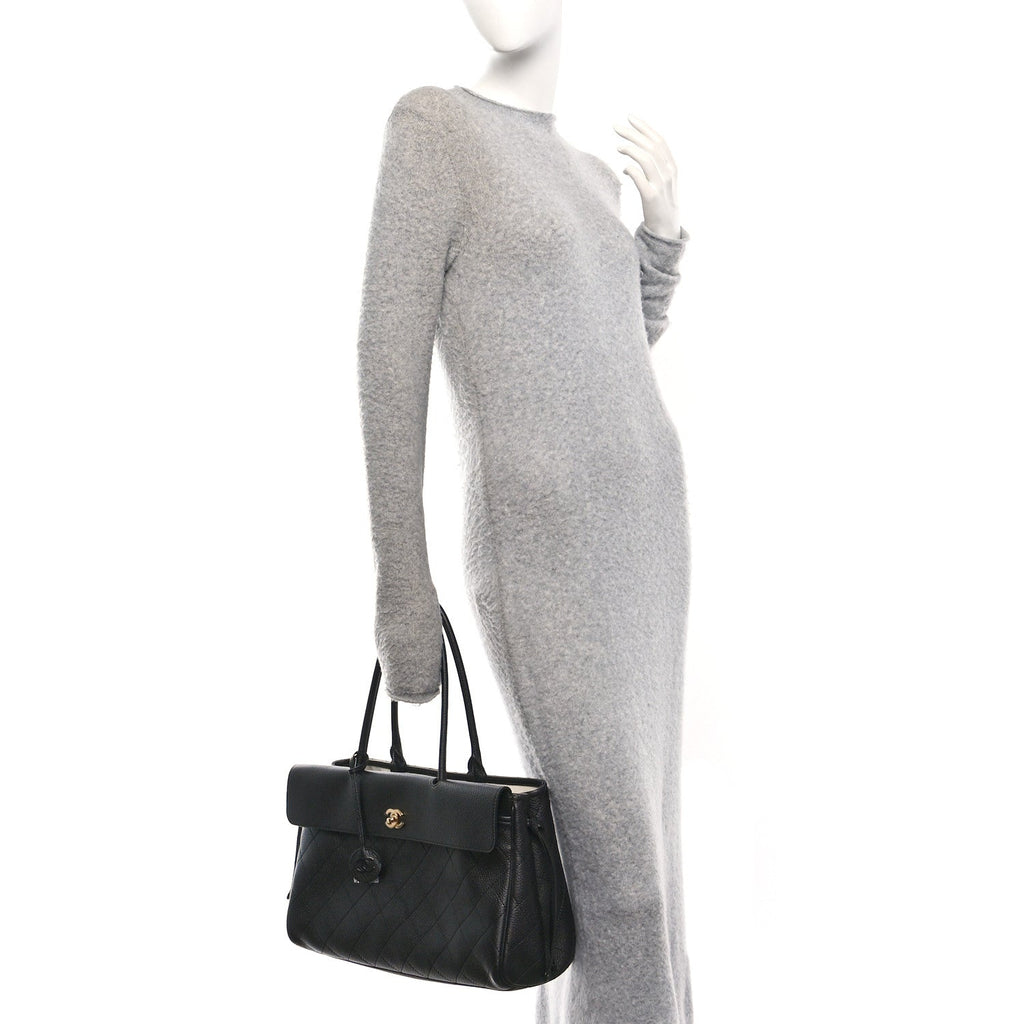 Grained Calfskin Stitched Urban Essentials Shopping Bag Black