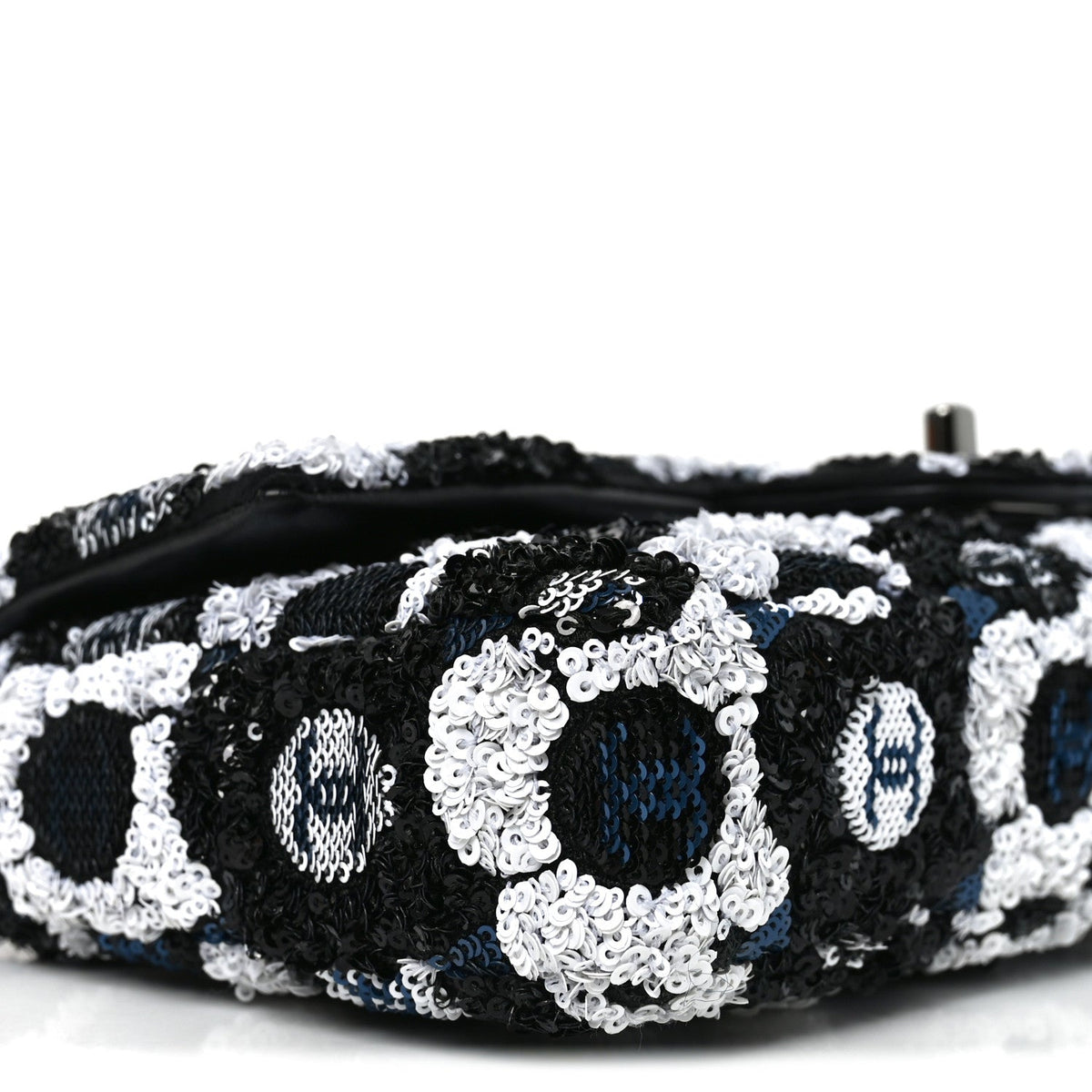 Satin Sequin Embellished Flower East West Flap Black White Blue