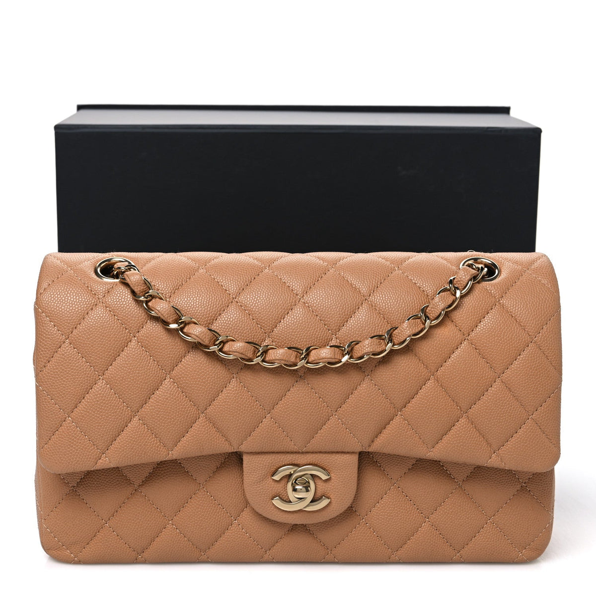 Caviar Quilted Medium Double Flap Light Brown