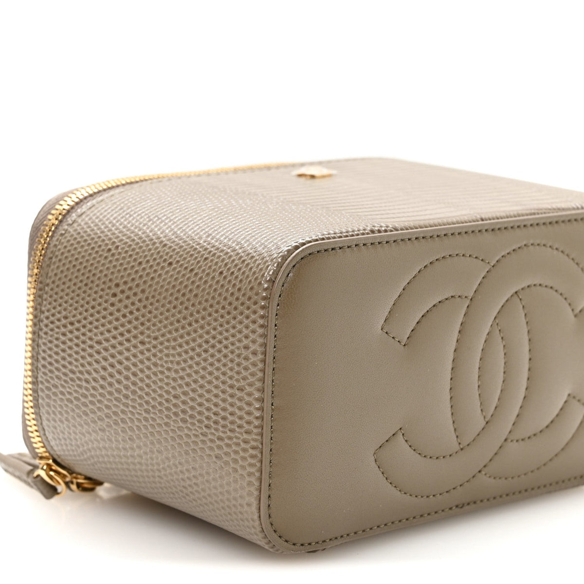 Calfskin Lizard Embossed Top Handle Vanity With Chain Dark Khaki