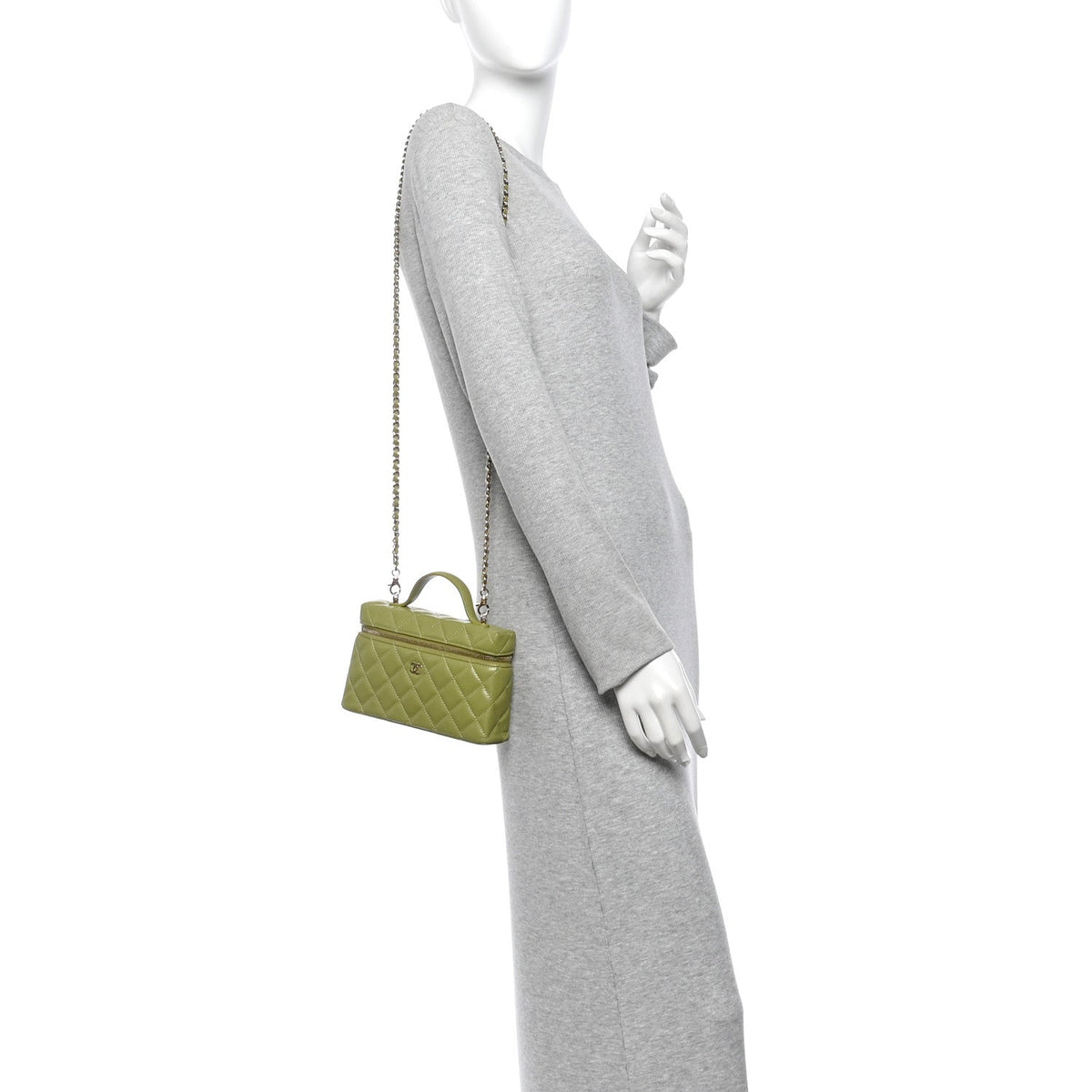 Caviar Quilted Top Handle Slim Vanity With Chain Khaki