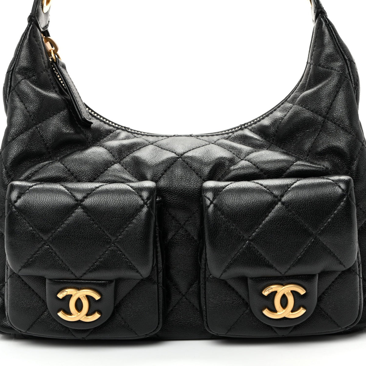 Shiny Lambskin Quilted Trendy Pockets Hobo Black