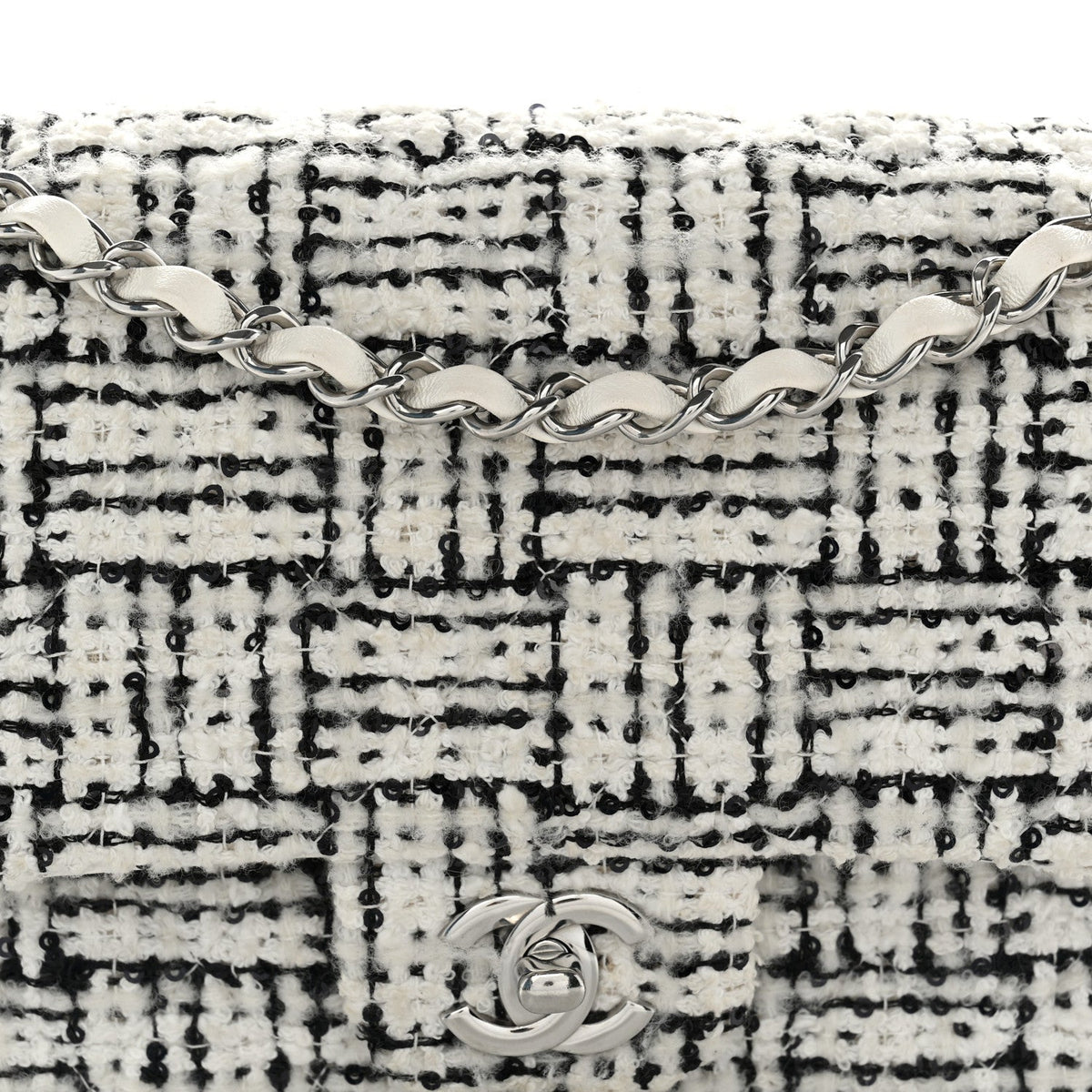 Tweed Sequin Quilted Medium Double Flap White Black