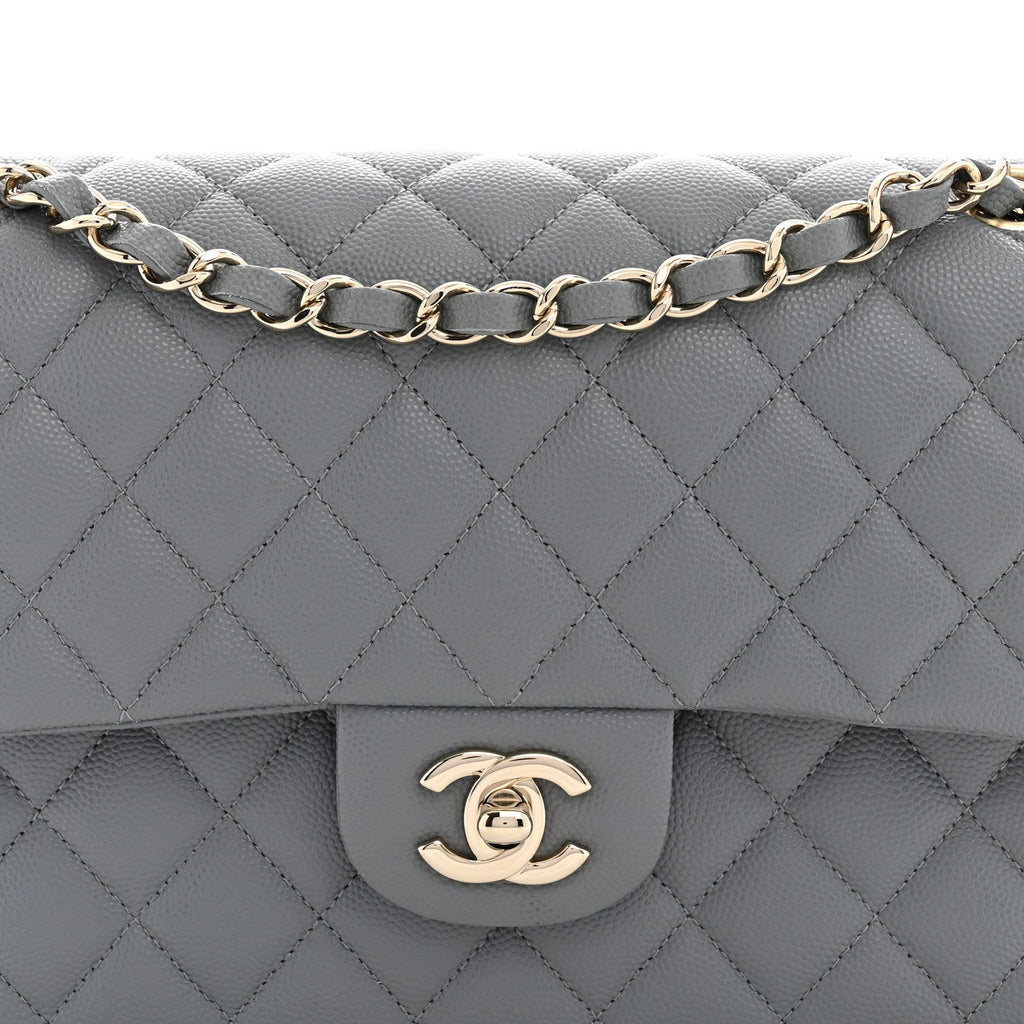 Caviar Quilted Medium Double Flap Grey