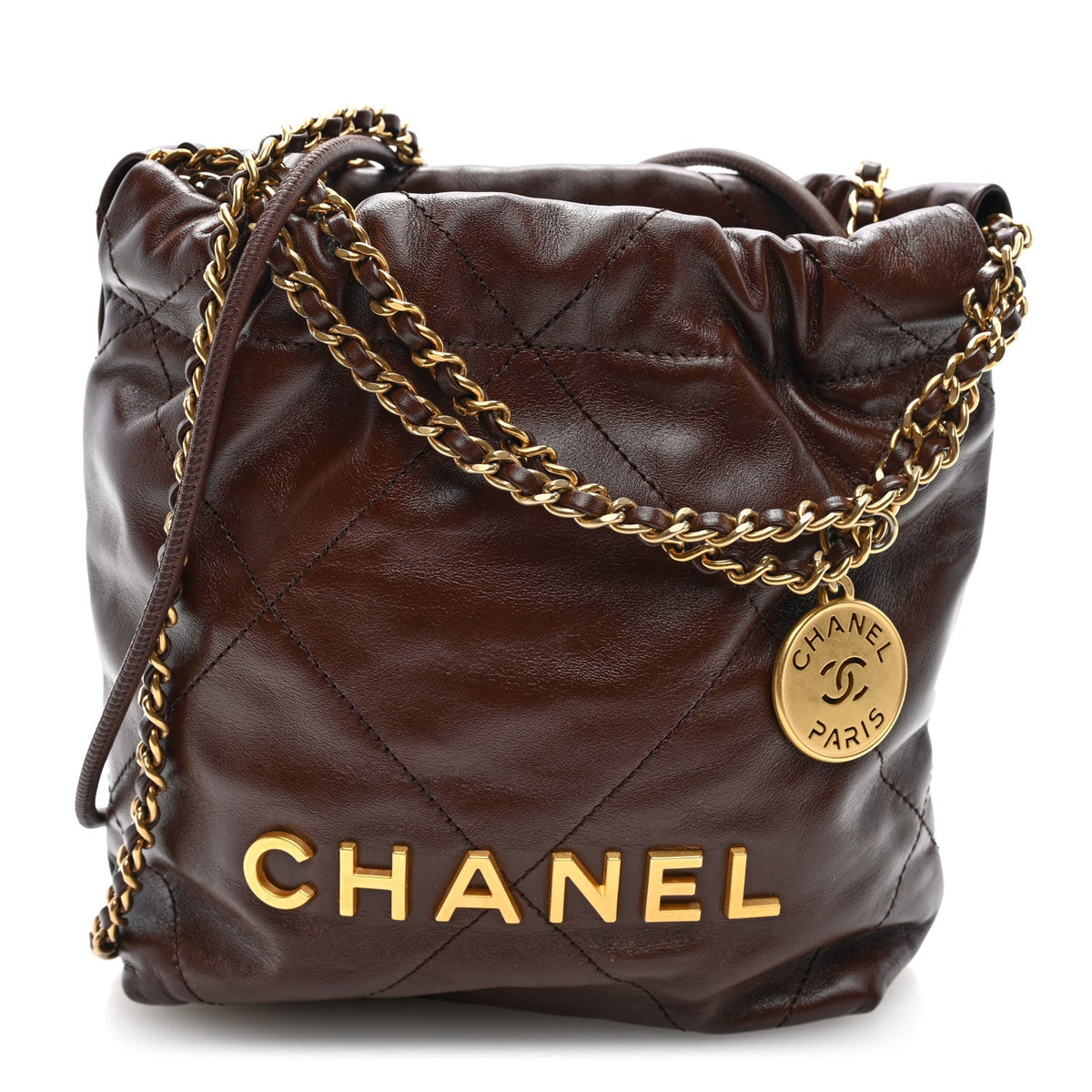 Shiny Calfskin Quilted Mini Chanel 22 Brown