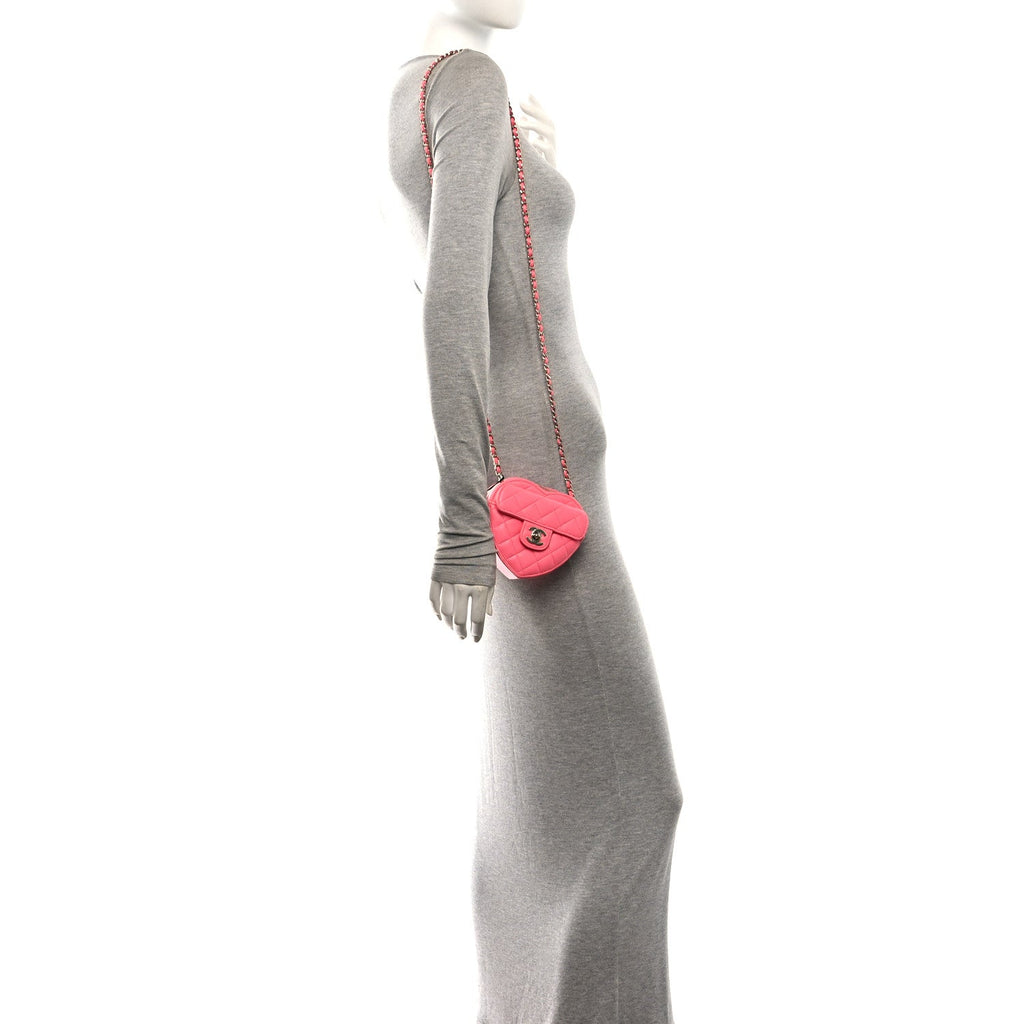 Lambskin Quilted CC In Love Heart Clutch With Chain Pink
