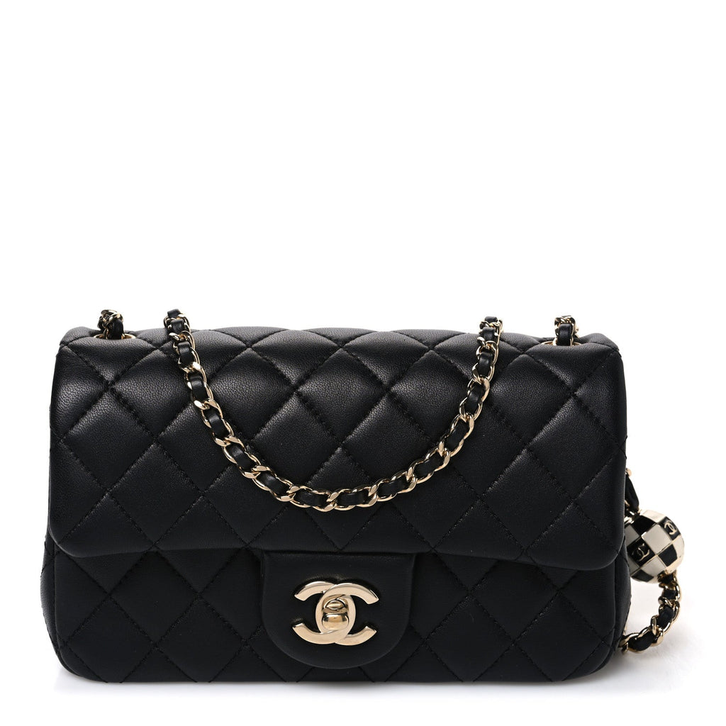 Lambskin Quilted Enamel Mini Rectangular Pearl Crush Flap Black