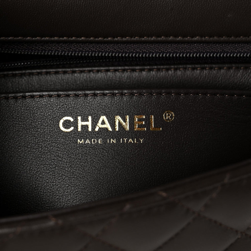 Lambskin Quilted Mini Top Handle Rectangular Flap Dark Brown