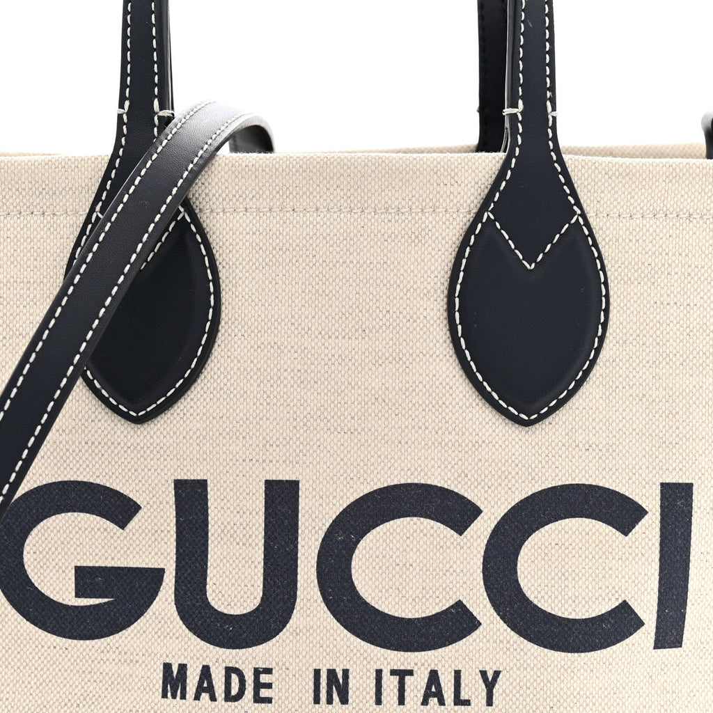 Canvas Calfskin Logo Print Medium Tote Bag Navy