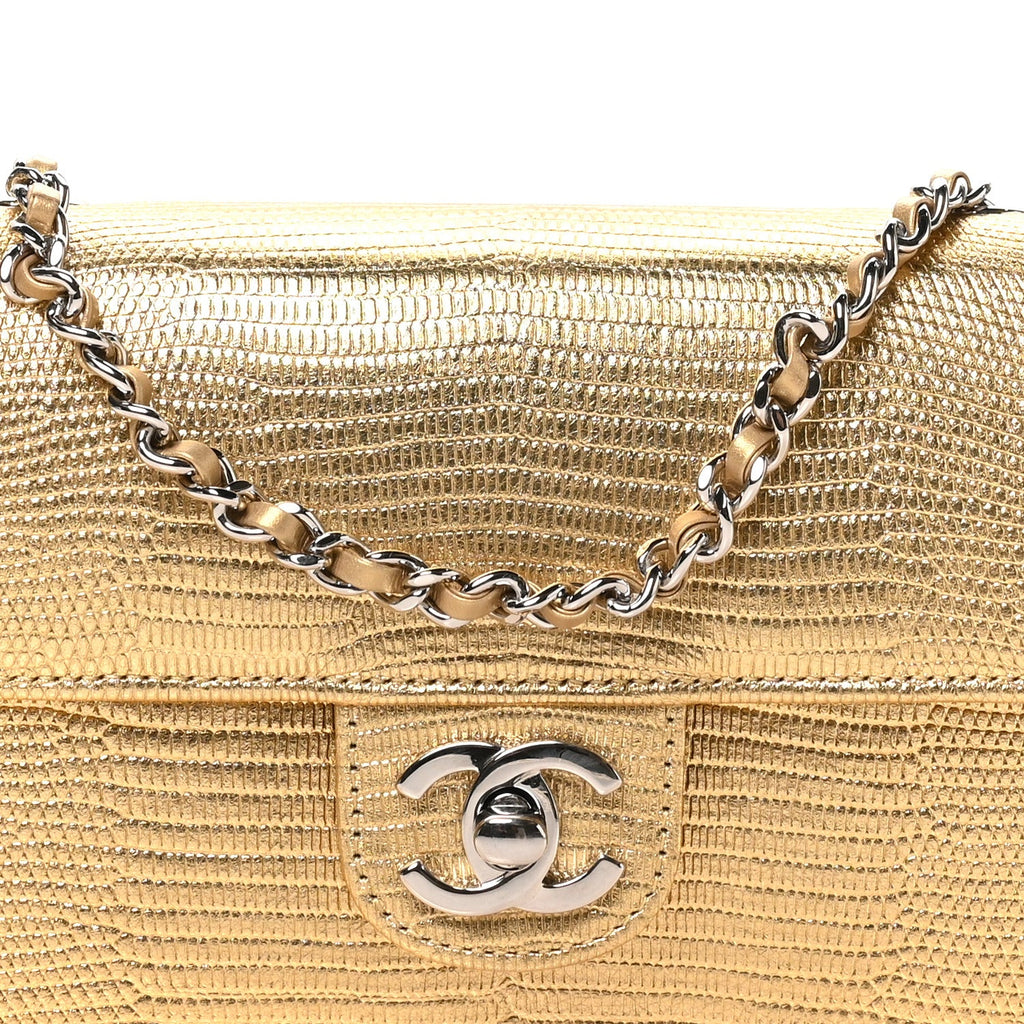 Metallic Calfskin Lizard Embossed Small East West Flap Gold