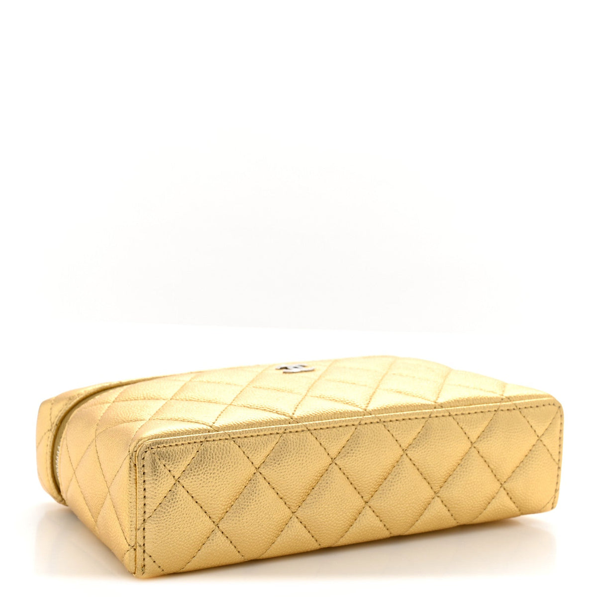 Metallic Caviar Quilted Top Handle Slim Vanity With Chain Gold