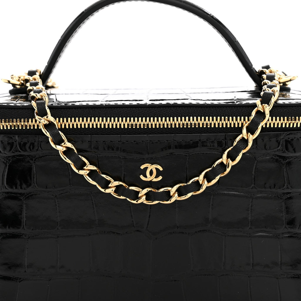 Calfskin Crocodile Embossed Crococo Small Top Handle Vanity Case With Chain Black