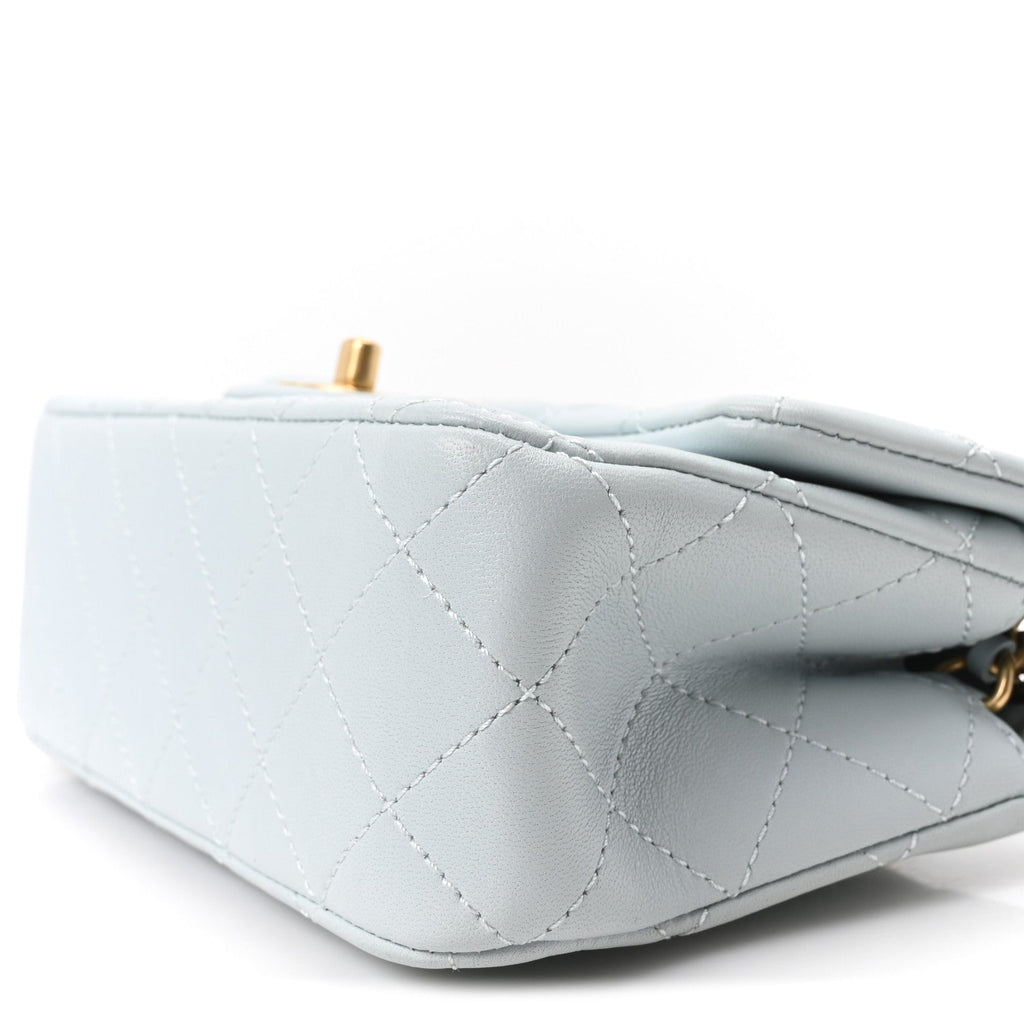 Lambskin Quilted Mini Rectangular Pearl Crush Flap Light Blue