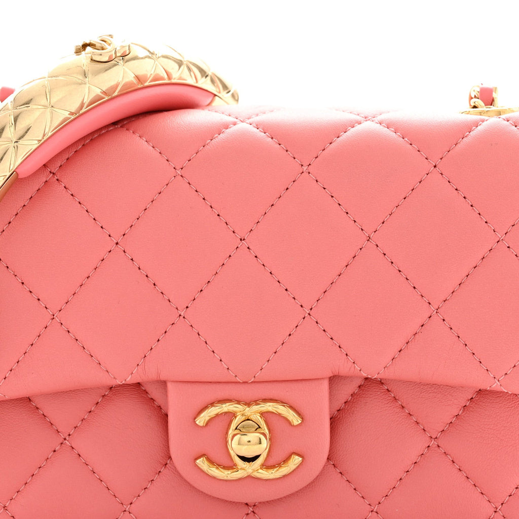 Lambskin Quilted Mini Quilted Handle Crush Flap  Pink