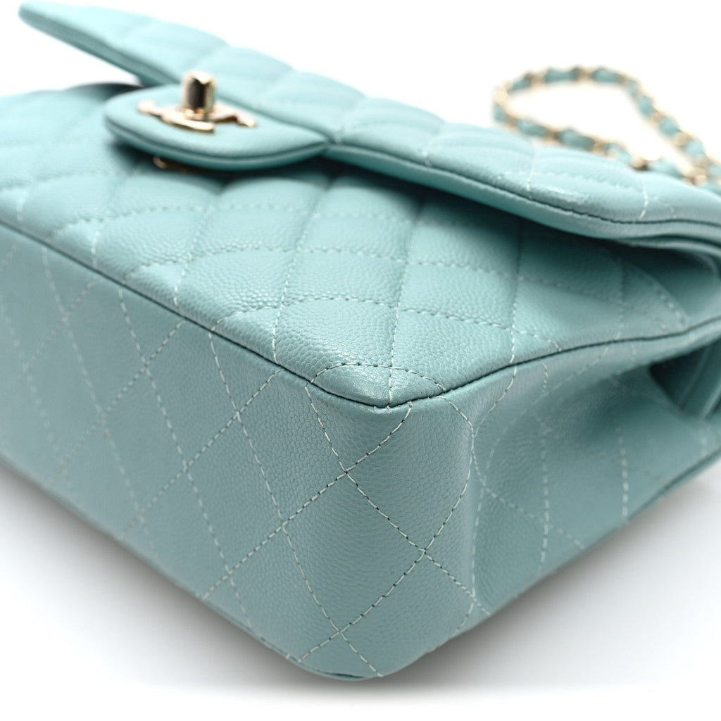 Caviar Quilted Small Double Flap Light Blue