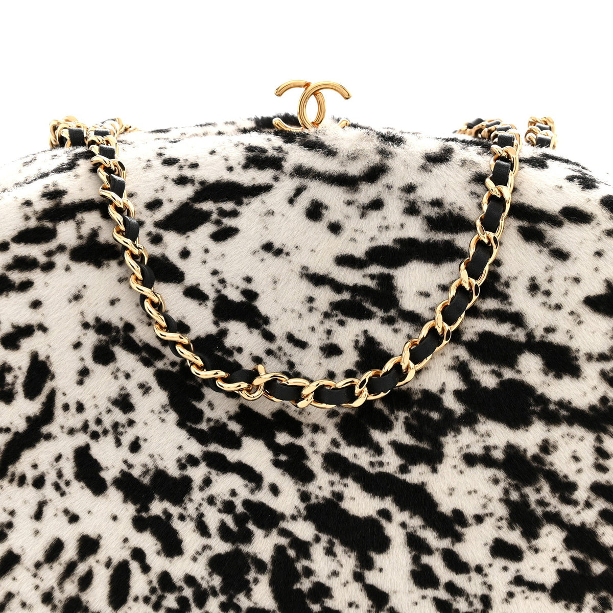 Lambskin Pony Hair Printed Clutch With Chain Black White
