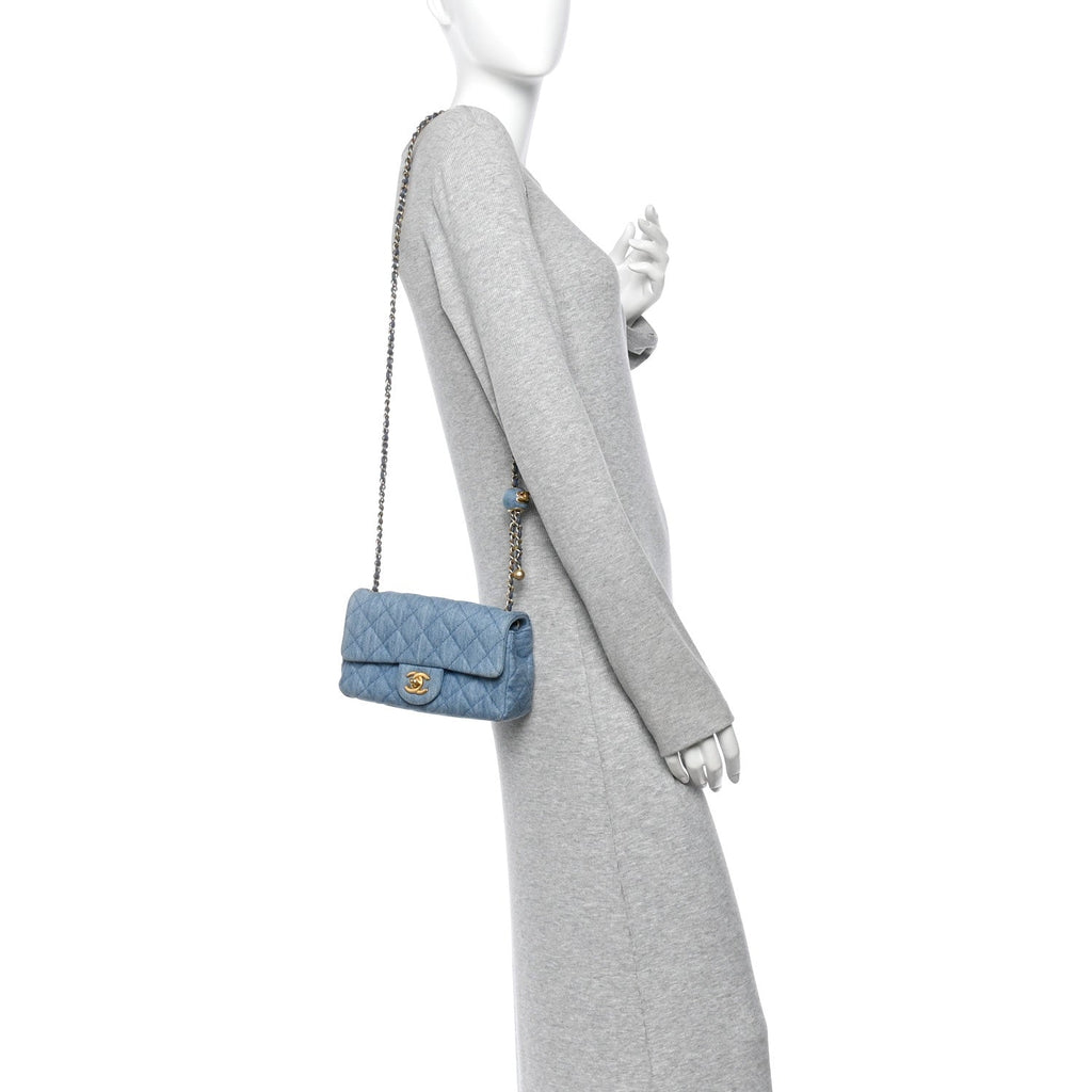 Denim Quilted Mini Pearl Crush Rectangular Flap Blue