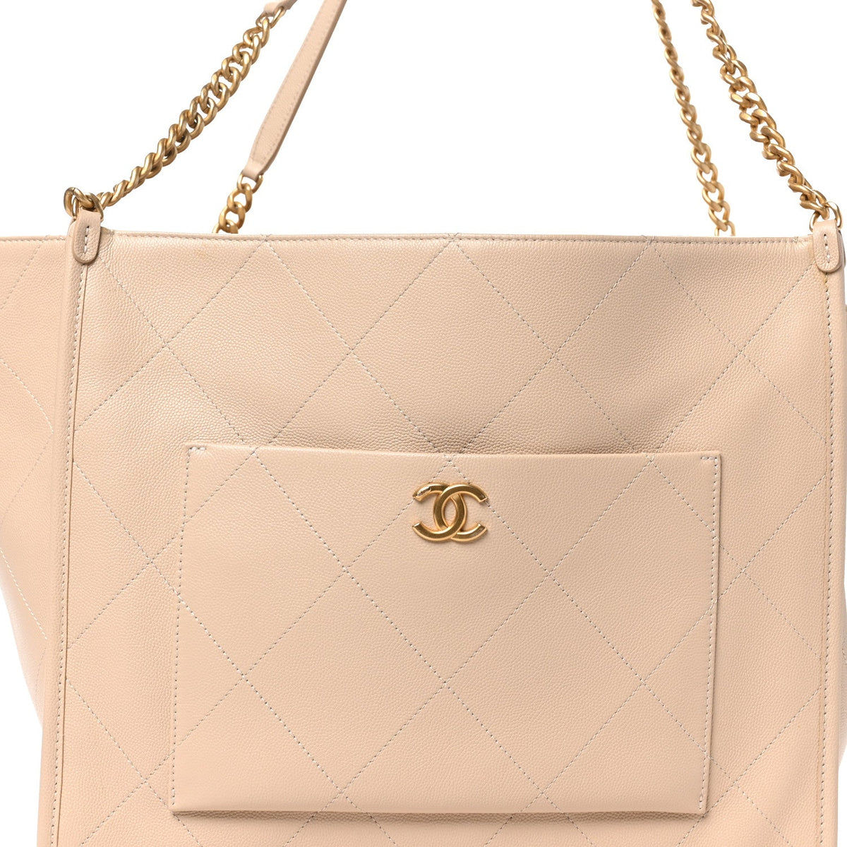 Caviar Stitched Pocket CC Large Tote Light Beige