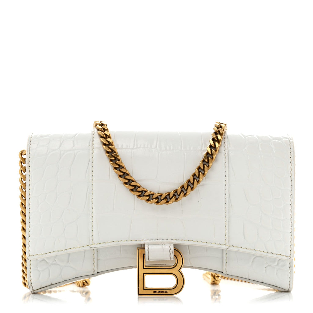 Shiny Calfskin Crocodile Embossed Hourglass Chain Bag White