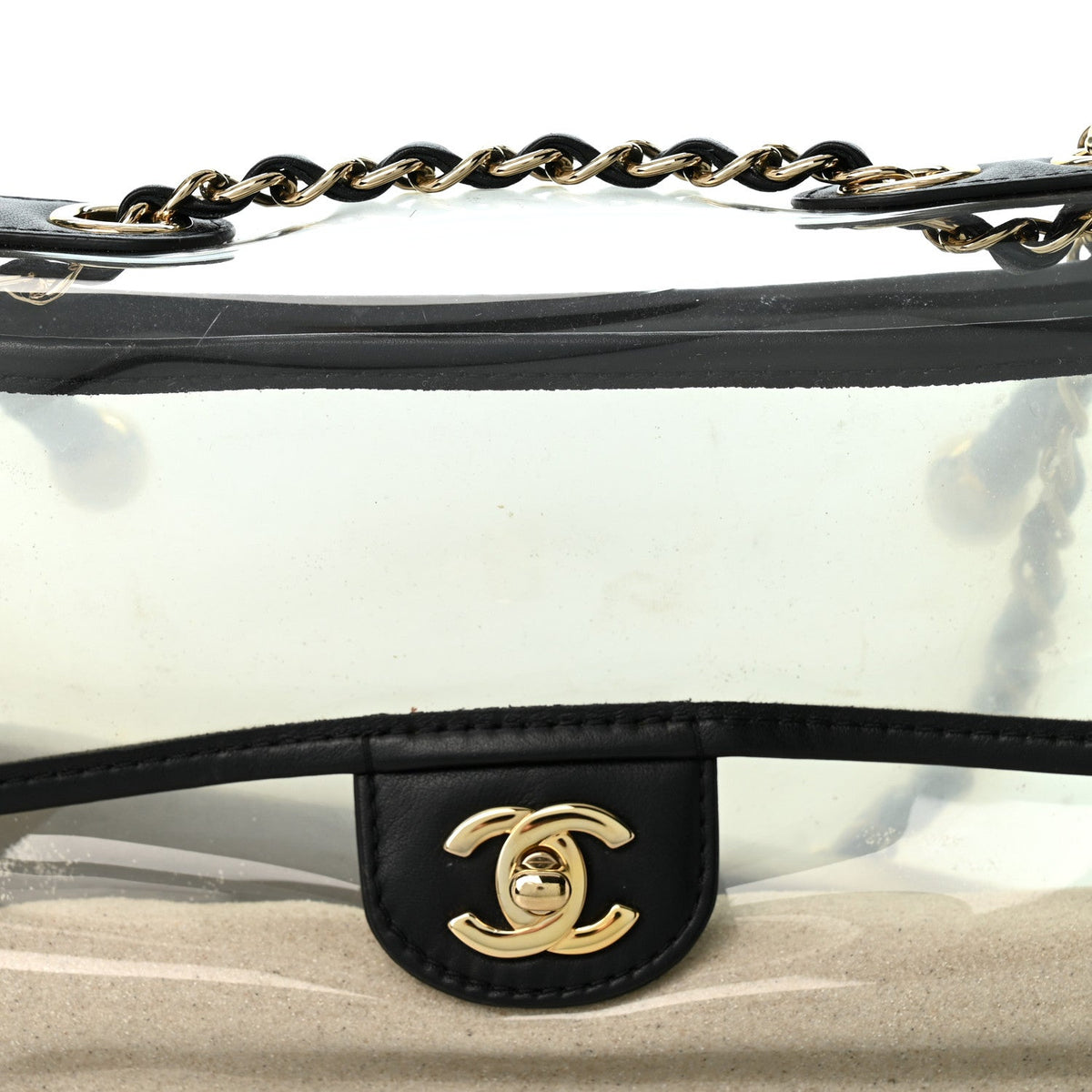 Lambskin PVC Sand By The Sea Flap With Pearl Strap Black