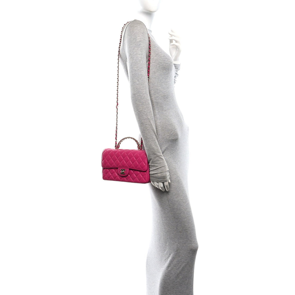 Lambskin Quilted Medium Crystal Top Handle Rectangular Flap Dark Pink