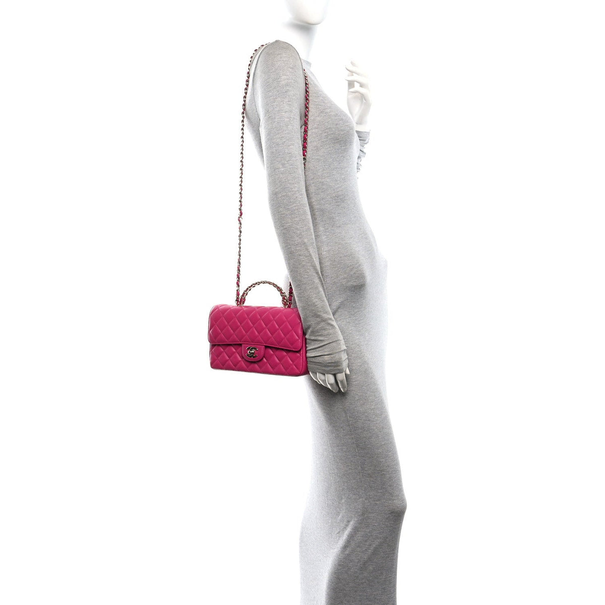Lambskin Quilted Medium Crystal Top Handle Rectangular Flap Dark Pink