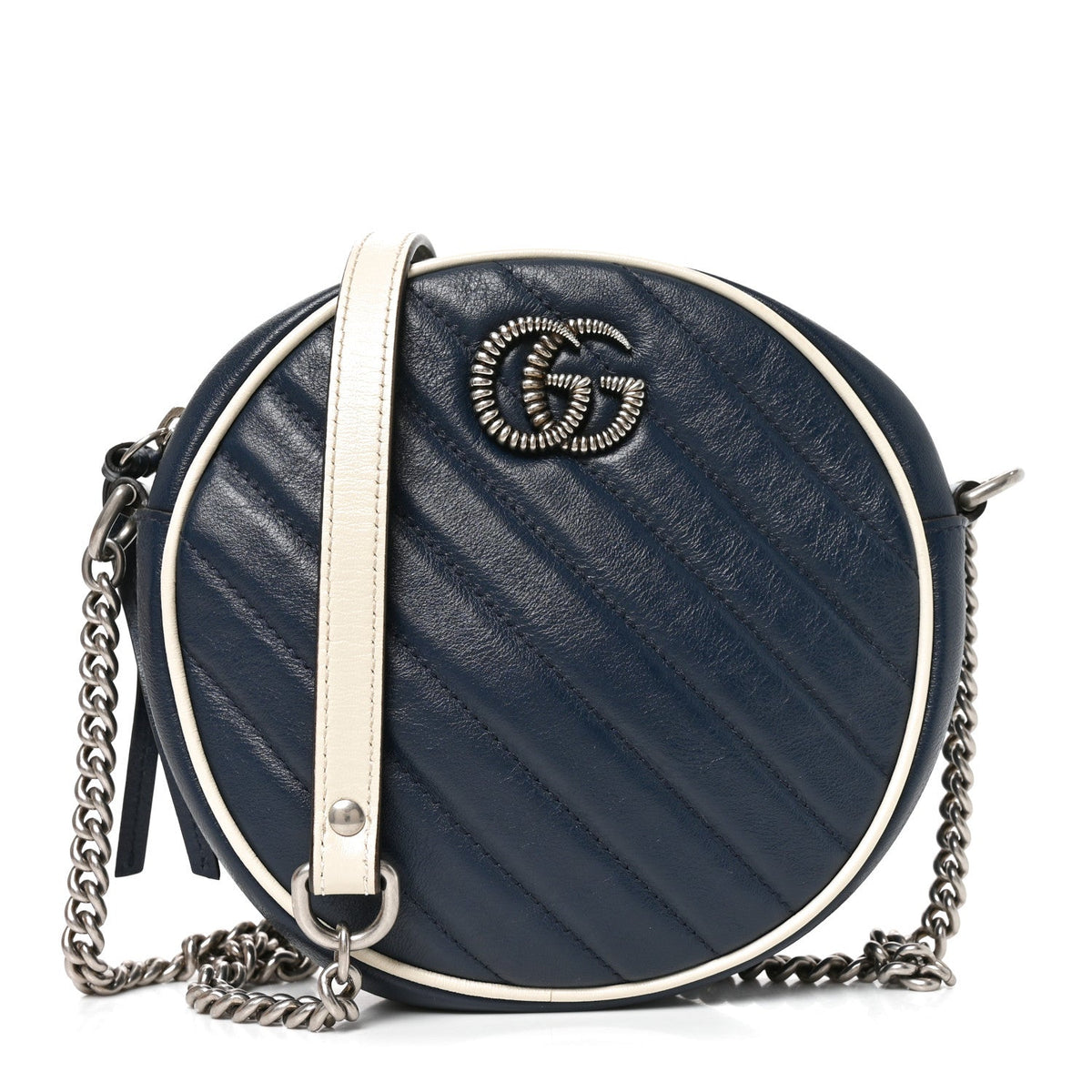 Azalea Calfskin Matelasse Diagonal Mini Torchon GG Marmont Round Shoulder Bag Blue Agata Mystic White