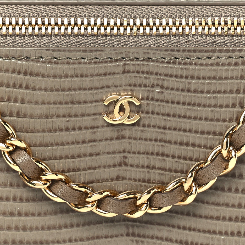 Calfskin Lizard Embossed Top Handle Vanity With Chain  Dark Khaki