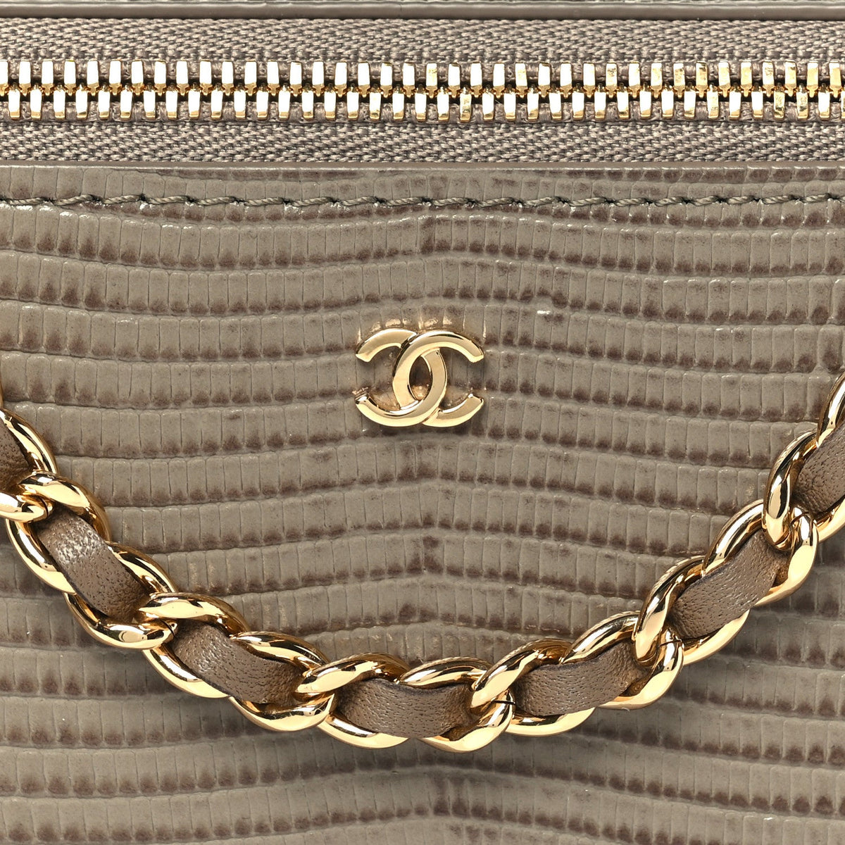 Calfskin Lizard Embossed Top Handle Vanity With Chain  Dark Khaki