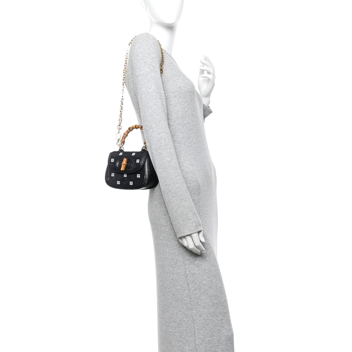 Sequin Lizard Embossed GG Mini Bamboo 1947 Top Handle Chain Bag Black White