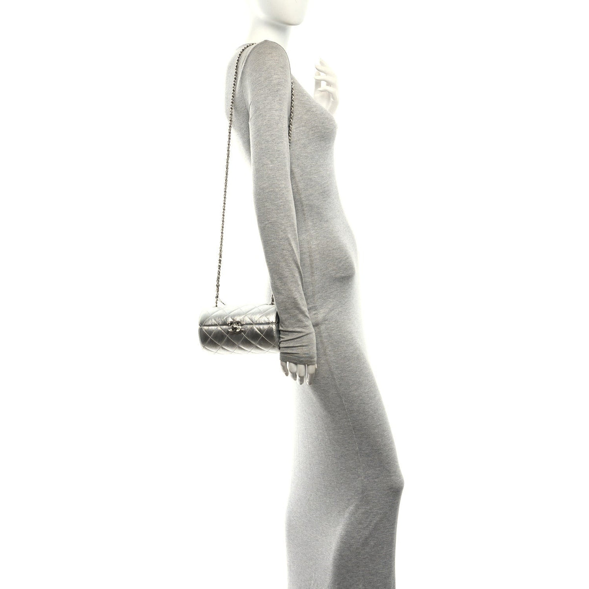 Metallic Lambskin Quilted Barrel Crossbody Bag Silver